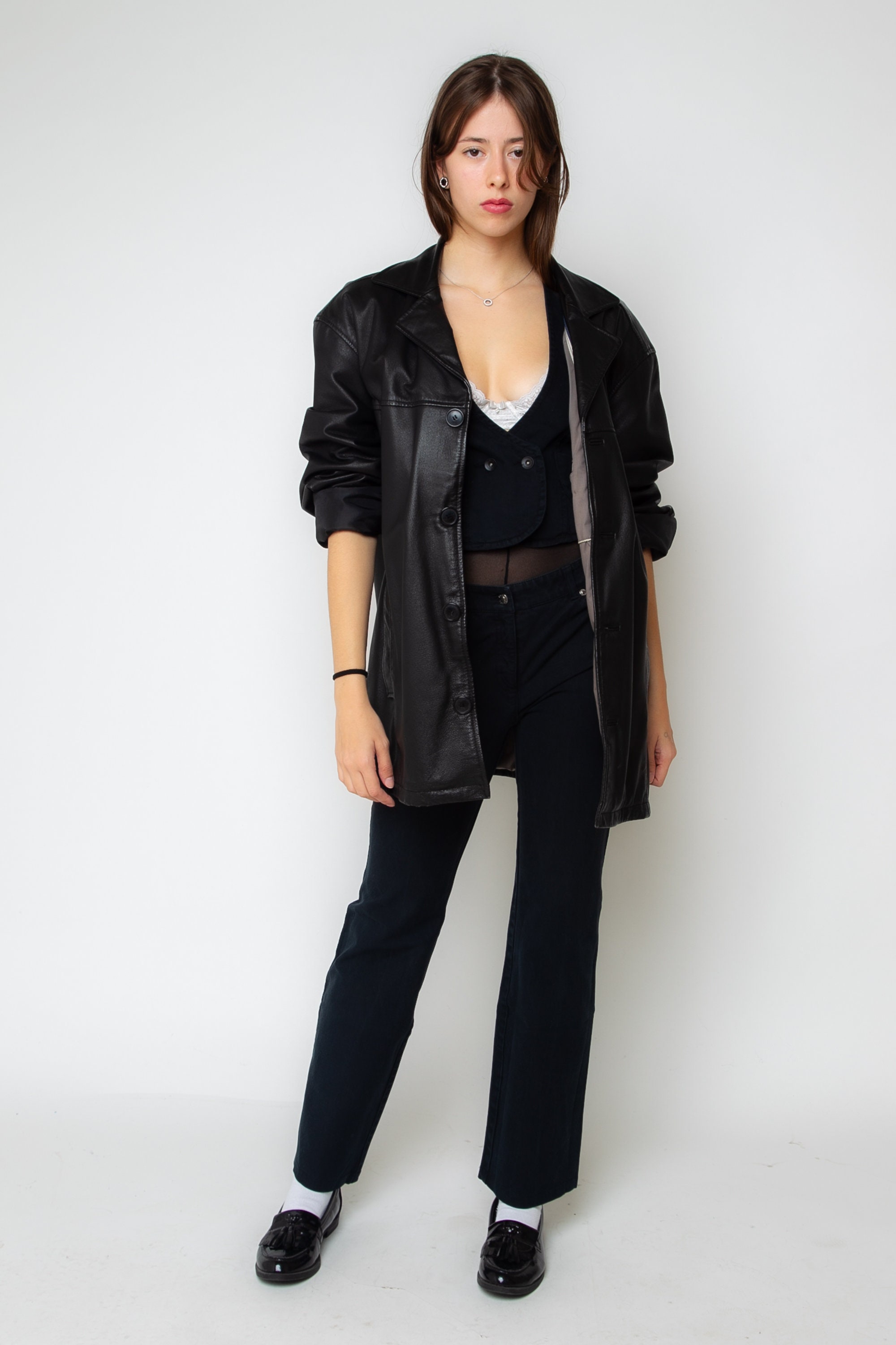 Vintage Black Leather Jacket 90s Oversized Leather Blazer