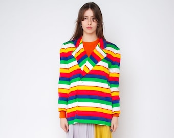 80s Rainbow Striped Blazer Vintage Double Breasted Statement Jacket Colorful Power Shoulder Cotton Jacket Preppy Bold Tailored Blazer M L