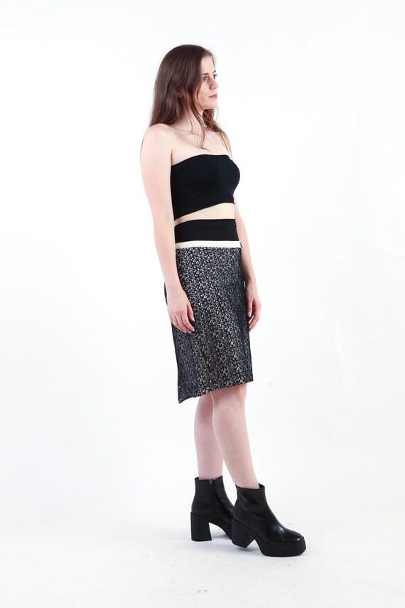 1990s Lace Pencil Skirt Black and White Slit Skir… - image 5