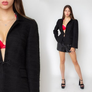 Black Boucle Jacket 90s Vintage Fitted Blazer Jacket Tweed 00s Smart Blazer Classic Jackie O Preppy 1990s Cocktail Party Evening Coat M L