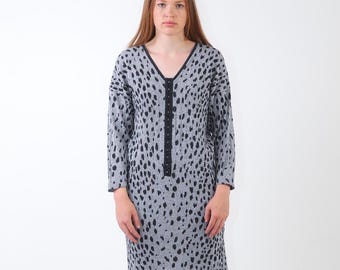 Animal Print Jersey Dress Vintage 80s Grey Black Midi Dress Deep V Sheath Dress Dolman Sleeve M L XL