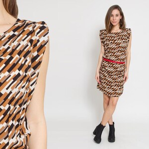Geometric Dress Vintage 90s Brown Black Abstract Y2K Pleated Sundress Cap Sleeves Beige 00s Cocktail Boho Shift Party Mini Dress 1990s M L