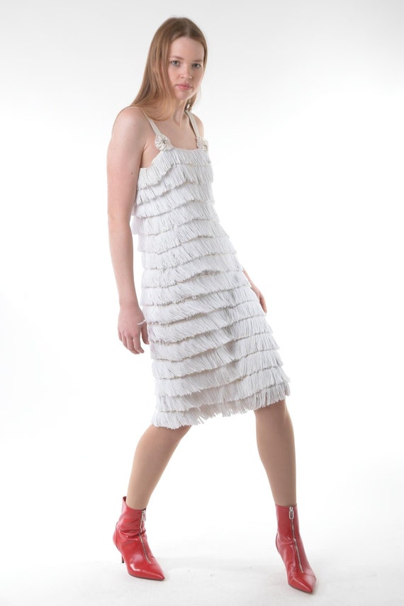 White Flapper FRINGE Dress Vintage 20s Cocktail 60s S… - Gem