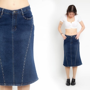 90s Denim Pencil Skirt Sequined Blue Jean Midi Skirt High Waisted Back Slit Wiggle Zipper Fly Retro Fitted Western Cowgirl Vintage 1990s M