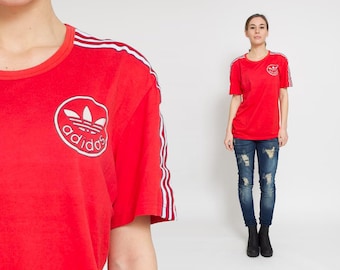 80s Red Adidas TShirt Vintage 1980s White Striped Tee Basketball Jersey Old School Sports ADIDAS T Shirt Unisex Mens Retro Athletic Shirt M