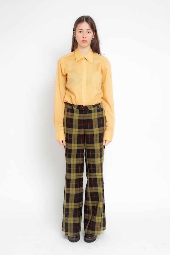 2000s Green Plaid Pants Dark Brown Flared Tartan Trousers Y2K Low Waisted  Bell Bottoms Checkered Hippie Punk Slacks 70s Check 00s Vintage XL