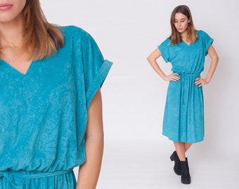 80s Turquoise Dress Vintage 1980s Sundress V Neck Secretary Blue Velvet Garden Party Sundress Boho High Waist Disco 70s Midi Gown M L