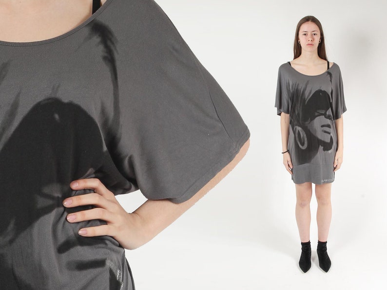 1980s FACE Print Dress Vintage 80s Grey Metallic GLAM Couture Dolman Sleeves Boho Sparkly Silver Tshirt Party Cocktail Mini Dress Medium