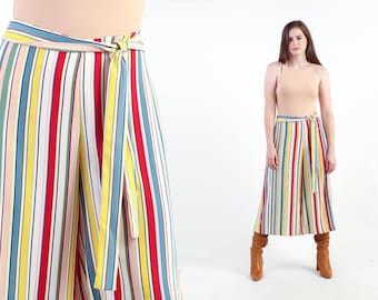 1990s Red Striped Palazzo Pants - Vintage Capri 90s Wide Leg Yellow Y2K Bohemian Pink 00s High Waisted Boho Hipster Hippie Trousers M L