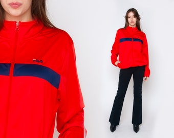 Fila Track Jacket 90s Red Zip Up Jacket Retro Sports Navy Old School Warm Up Jacket 1990s Athletic Sports 80s Preppy Vintage Cardigan Mens M