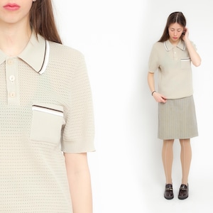 Striped Tan Polo Shirt 70s Textured Collared Shirt Retro Short Sleeve Top Perforated Vintage 1970s Pointed Collar Pocket Preppy Men&#39;s 52 L