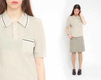 Striped Tan Polo Shirt 70s Textured Collared Shirt Retro Short Sleeve Top Perforated Vintage 1970s Pointed Collar Pocket Preppy Men's 52 L