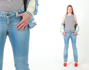 Vaqueros acampanados Vaqueros Y2K Vaqueros de tiro bajo Vaqueros desgastados Vaqueros acampanados Vaqueros azules Pantalones acampanados Vintage años 00 Medianos