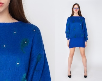 80s Cobalt Blue Sweater Dress Vintage Statement Knit Mini Dress Sequin Paisley Batwing Sleeve Party Dress Small Medium