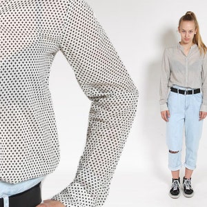 1990s Mandarin Collar Blouse Vintage 90s Black and White Cotton Button Up Semi Sheer Diamond Print Boho Preppy Long Sleeve Shirt Small M