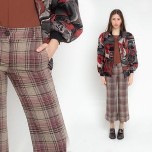 2000s Plaid Pants NAF NAF Low Waisted Trousers Wool Blend Checkered Flare Leg 00s Retro Preppy Slacks Pink Brown Flares Vintage 1970s S 36