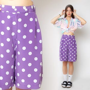 90s Shorts Polka Dot Pleated Trouser Shorts Purple Mom Shorts Wide Leg Vintage 1990s High Waist Retro Preppy 80s Bermuda Shorts Summer L XL