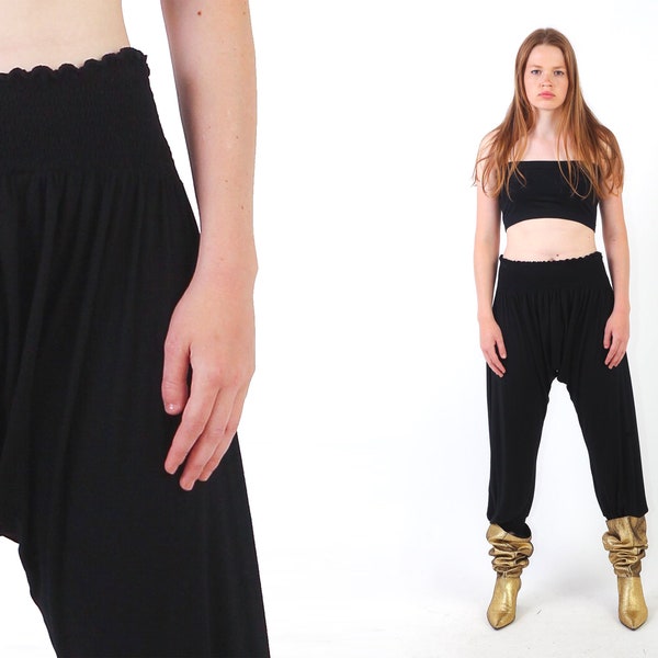 1980s Black Hammer Pants - Vintage 80s Harem Pants Boho Hip Hop 90s Low Waist Jersey Baggy Hippie Streetwear Hipster Trousers S M