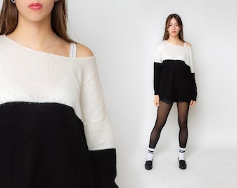 1990s Color Block Black and White Sweater Vintage 90s GRUNGE Knit Pullover Slouchy Plain Boho Y2K Oversized Minimalistic Normcore Jumper M L