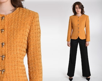 Emanuel Ungaro Blazer Vintage 90s Boucle Gold UNGARO Jacket Wool Fitted 1990s Designer Tailored Preppy Y2K Luxury Cocktail Evening Coat M