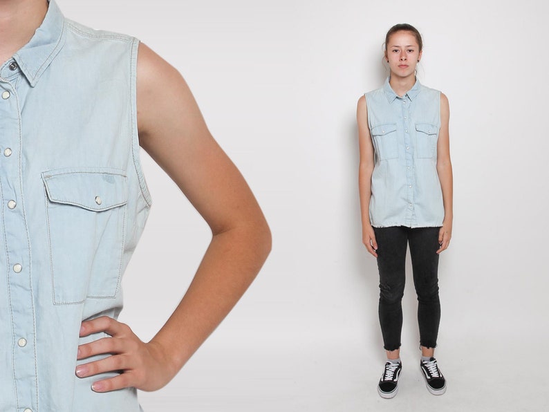 1980s Denim Vest 80s Vintage Jean Shirt Blue Frayed Biker Top Jean Jacket Cotton 90s Grunge Sleeveless Hipster Button Up Top Size M L
