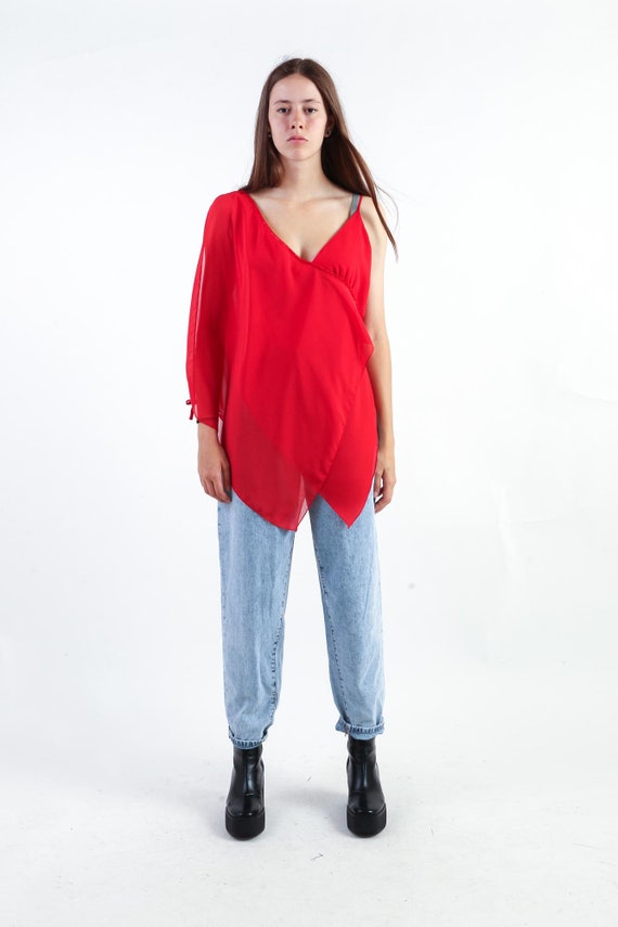 2000s Sheer Red Blouse Vintage 90s Cut Out Tunic Y2K … Gem
