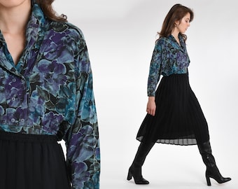 Blusa floral azul dos anos 80, vintage roxa, drapeada, com botões, romântica, estampa floral, blusa de manga comprida com efeito pictórico, top dos anos 80, tamanho médio/grande.