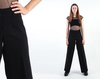 1990s Black Palazzo Pants - Vintage 90s Shiny Wide Leg Y2K Straight Leg High Waisted 00s Baggy Hipster Cocktail Party Trousers M L