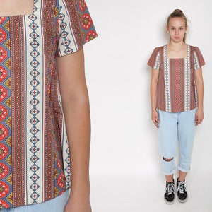 1970s Ethnic Blouse Vintage 70s Green Tribal Red Bohemian Shirt Mod Festival Blue Tee Short Sleeves Hippie Cotton Aztek Boho Top Small M