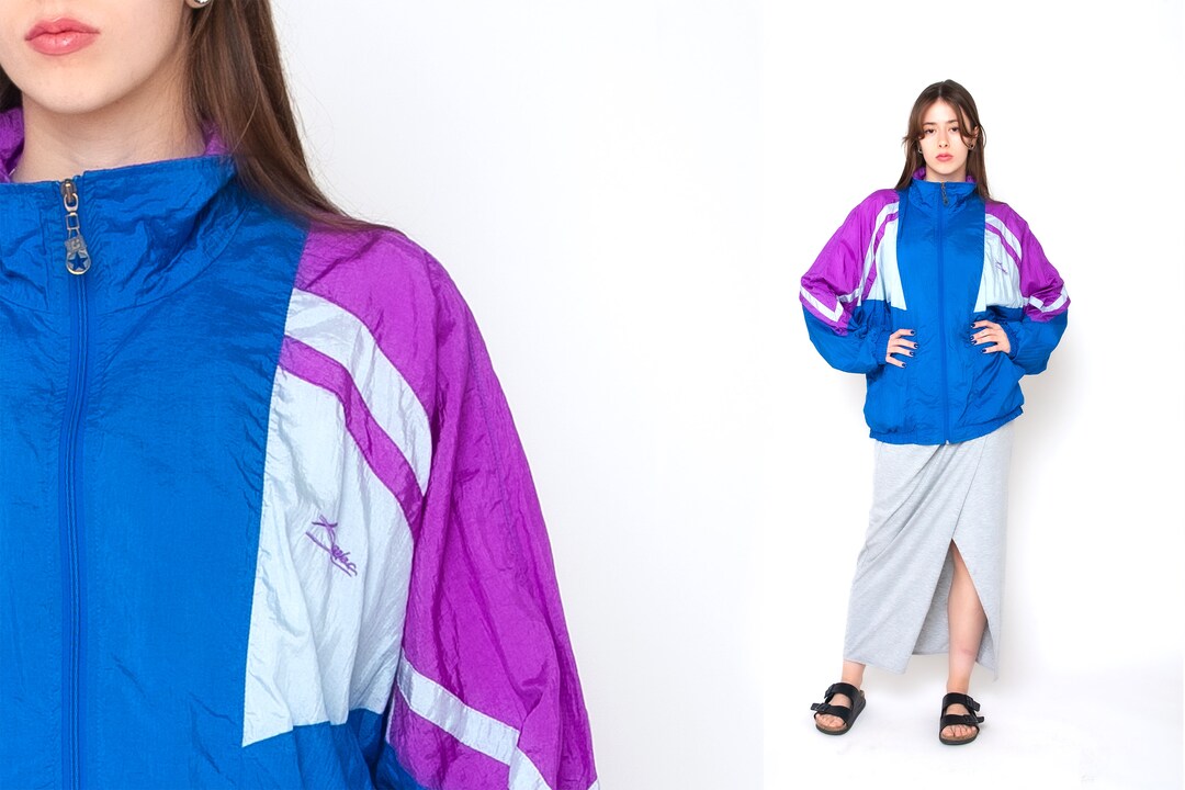 80s Colorblock Windbreaker Blue Purple Shell Jacket Oversized
