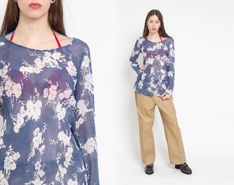 Blusa floral transparente Y2K Vintage anos 90 Top transparente azul com estampa de flores Camisa romântica Boho Hippie anos 90 Camisa retrô Túnica hipster Boho Camisa longa S M