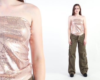 Pink Seqiun Top Vintage 00s Metallic Salmon Tube Top Y2K Clubwear Strapless Blouse 90s Rave Bodycon Top Prom 2000s Disco Party Shirt M L
