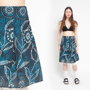 80s Floral Skirt Midi Skirt Blue Pleated Retro Boho Vintage 1980s High Waisted Skirt 70s Hippie Hipster Festival Summer A Lined Skirt XL