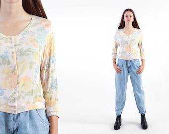 Cárdigan floral de los años 80 Suéter vintage rosa pastel de los años 80 Suéter azul de los años 80 Suéter de abuela Bohemio de colegiala con botones Suéter retro hippie preppy M