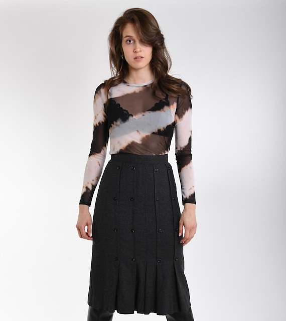 80s Charcoal Wool Midi Skirt: High Waist, Pencil Silhouette, Decorative Buttons Medium