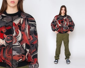 Kurtka bomberka z lat 80. w stylu vintage, z nadrukiem artystycznym w kolorze czerwonym i czarnym, zapinana na zamek, oversize, z rękawami typu raglan, w kolorze czerwonym, rozmiar M, L