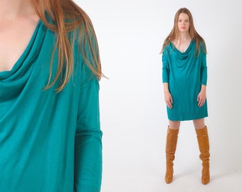 1990s Turquoise Sweater Dress - Vintage 90s Off Shoulder Knit Minidress Slouchy Boho Hippie Sweater Oversized 80s Sweaterdress Jumper L XL