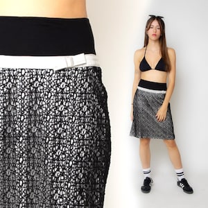 Lace Pencil Skirt Black and White Slit Skirt Vintage 90s Preppy High Waisted Grunge 00s Office Bow Tie Cocktail Party 1990s Mini Skirt L XL