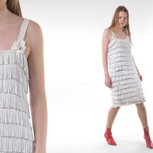 White Flapper FRINGE Dress Vintage 20s Cocktail 60s Sheath Tank Dress Evening Floral 1920s Pearl Disco Sleeveless Party Midi Gown 1960s S M