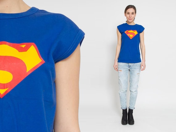 1980s Superman Tank Top Vintage 80s Blue Graphic Yellow Tee