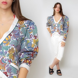 Baroque Jacket Floral Blazer Jacket 80s Purple Western Jacket Southwest V Neck Bohemian 1980s Boho Vintage Power Shoulder Button Up M L