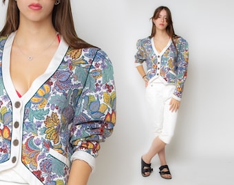 Kurtka barokowa, marynarka w kwiaty, marynarka z lat 80., fioletowa, zachodnia, dekolt w serek, boho, boho z lat 80., vintage, zapięcie na guziki, z mocnym ramieniem, M L