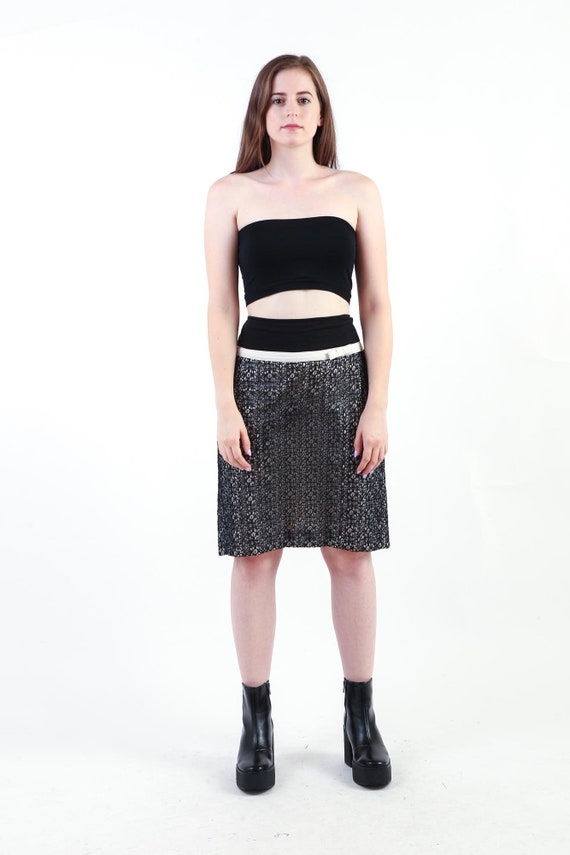 1990s Lace Pencil Skirt Black and White Slit Skir… - image 3