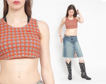 Orange Plaid Crop Top 90s Checkered Tank Top Vintage Y2K Bodycon Sleeveless Club Kid Rave Festival Top 1990s Medium
