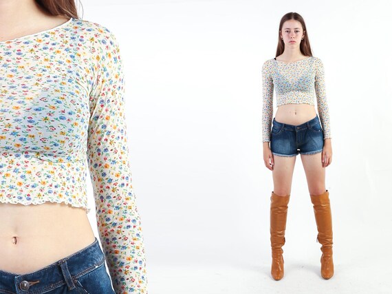 Floral Crop Top Blue Shirt 90s SHEER Floral Print Grunge Retro Tee Long Sleeve Top Vintage Y2K Rave Party Bodycon Cropped 1990s Shirt S M