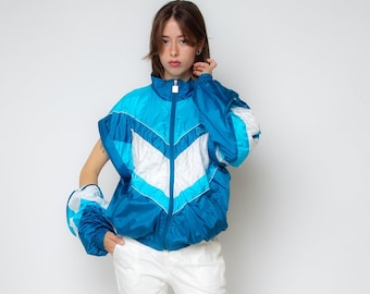 Blue Windbreaker Vintage 80s Color Block Track Jacket Zip Up Shell Jacket Oversized Sport Jacket Y2K Festival L XL