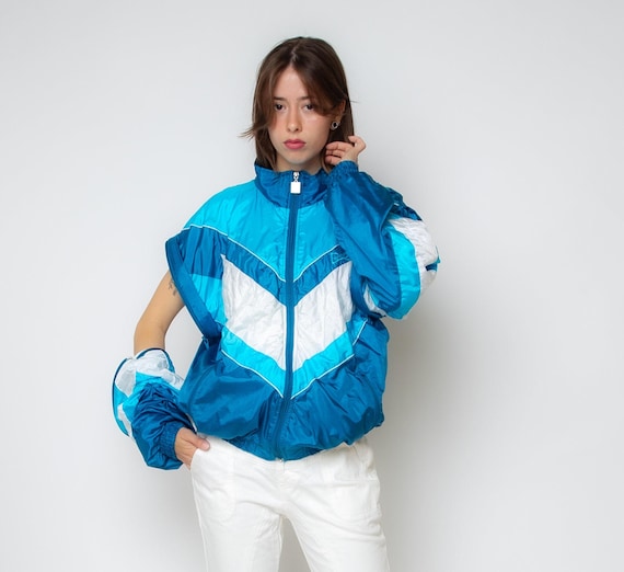 Blue Windbreaker Vintage 80s Color Block Track Jacket Zip up Shell