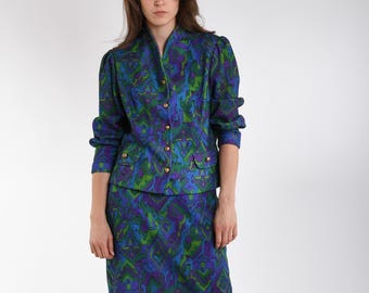 Vintage Skirt Suit Abstract Print Two Piece Set 70s Blue Purple Jacket Pencil Skirt 80s Power Suit Officecore M