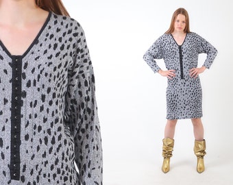 80er Jahre Leopard Kleid Vintage 1980er Jahre ANIMAL PRINT Schwarz Tiefes V Boho 90er Jahre Sexy Party High Waist Button Up Shift Cocktail Jersey Midi Kleid M L XL
