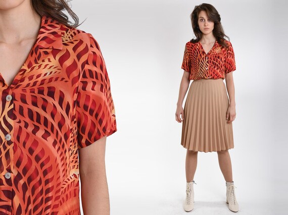 70s FLAMES Print Blouse Vintage 1970s Hawaiian Orange Abstract 